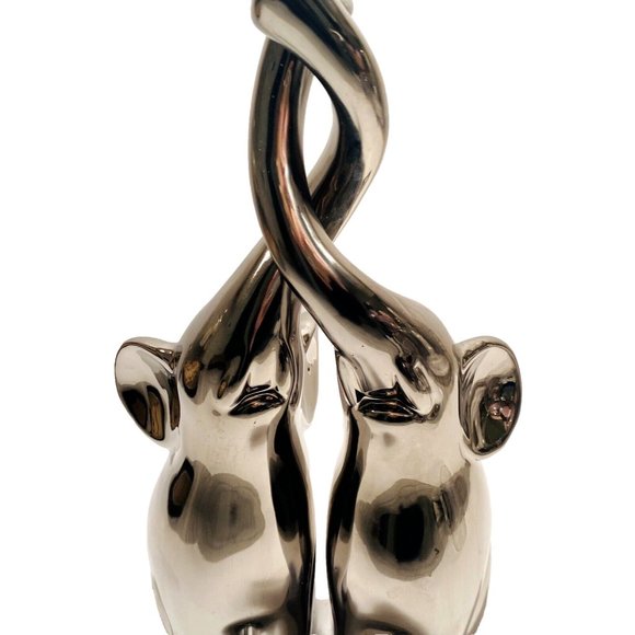 Silver Elephant Figures with Intertwined Trunks, Ceramic Set of 2, Chrome Decor - Picture 12 of 16